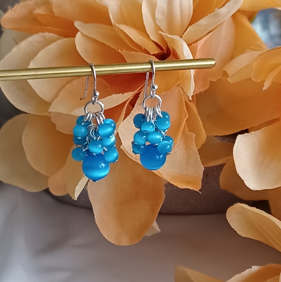 Powder Blue Beaded Cluster Earrings - Picture 1 of 6